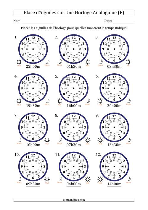 Place d'Aiguiles sur Une Horloge Analogique utilisant le système horaire sur 24 heures avec 30 Minutes d'Intervalle (12 Horloges) (F)