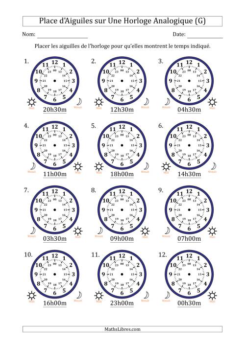 Place d'Aiguiles sur Une Horloge Analogique utilisant le système horaire sur 24 heures avec 30 Minutes d'Intervalle (12 Horloges) (G)