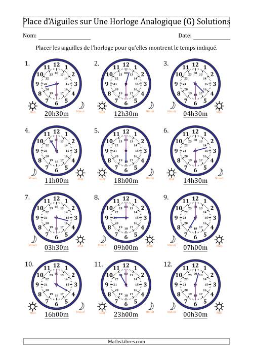 Place d'Aiguiles sur Une Horloge Analogique utilisant le système horaire sur 24 heures avec 30 Minutes d'Intervalle (12 Horloges) (G) page 2