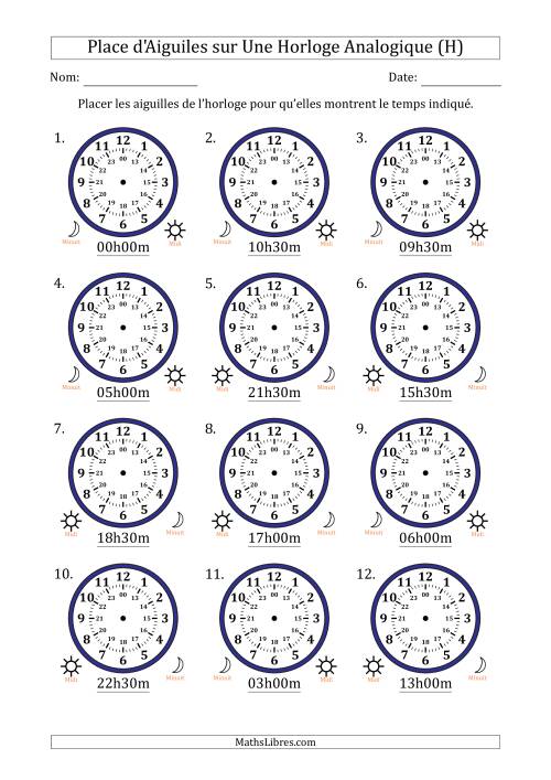 Place d'Aiguiles sur Une Horloge Analogique utilisant le système horaire sur 24 heures avec 30 Minutes d'Intervalle (12 Horloges) (H)