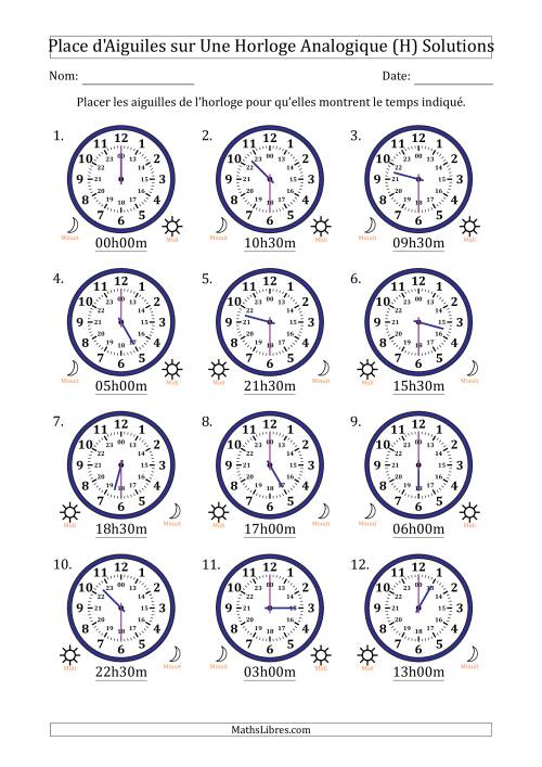 Place d'Aiguiles sur Une Horloge Analogique utilisant le système horaire sur 24 heures avec 30 Minutes d'Intervalle (12 Horloges) (H) page 2