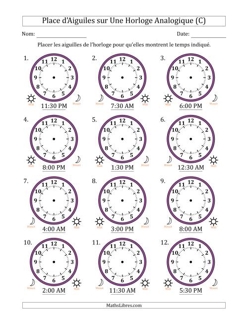 Place d'Aiguiles sur Une Horloge Analogique utilisant le système horaire sur 12 heures avec 30 Minutes d'Intervalle (12 Horloges) (C)