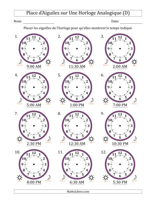 Place d'Aiguiles sur Une Horloge Analogique utilisant le système horaire sur 12 heures avec 30 Minutes d'Intervalle (12 Horloges) (D)