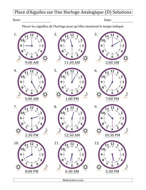 Place d'Aiguiles sur Une Horloge Analogique utilisant le système horaire sur 12 heures avec 30 Minutes d'Intervalle (12 Horloges) (D) page 2