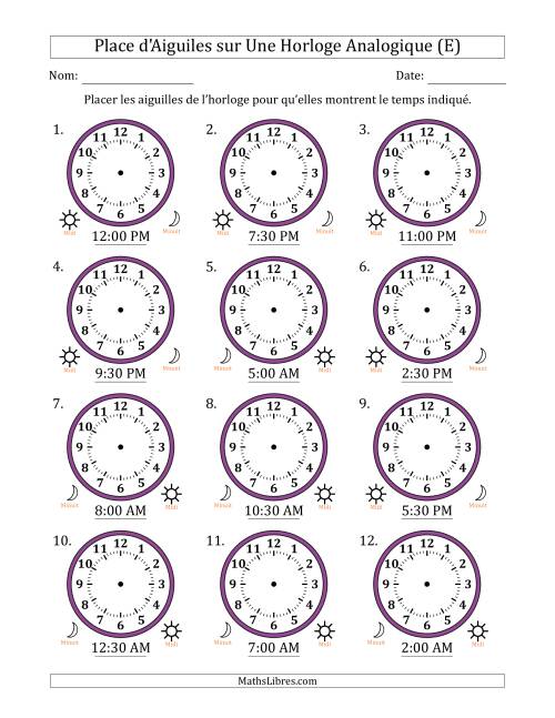 Place d'Aiguiles sur Une Horloge Analogique utilisant le système horaire sur 12 heures avec 30 Minutes d'Intervalle (12 Horloges) (E)