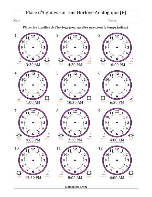 Place d'Aiguiles sur Une Horloge Analogique utilisant le système horaire sur 12 heures avec 30 Minutes d'Intervalle (12 Horloges) (F)