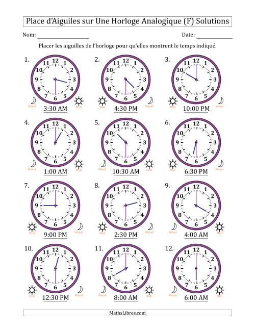 Place d'Aiguiles sur Une Horloge Analogique utilisant le système horaire sur 12 heures avec 30 Minutes d'Intervalle (12 Horloges) (F) page 2