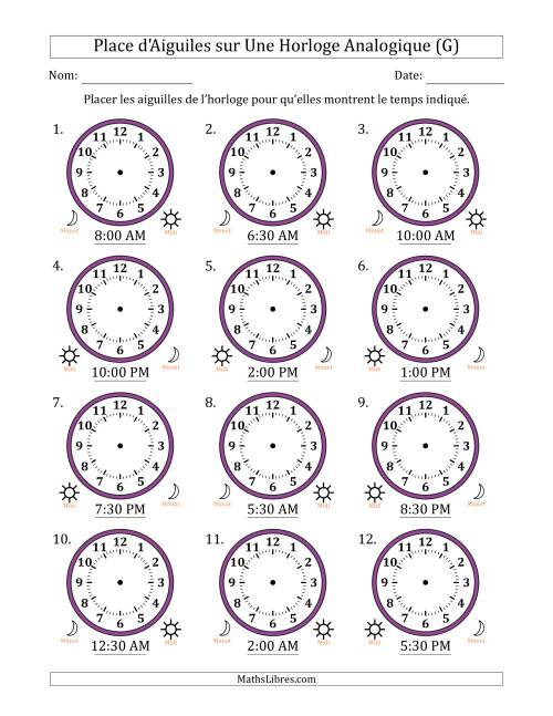 Place d'Aiguiles sur Une Horloge Analogique utilisant le système horaire sur 12 heures avec 30 Minutes d'Intervalle (12 Horloges) (G)