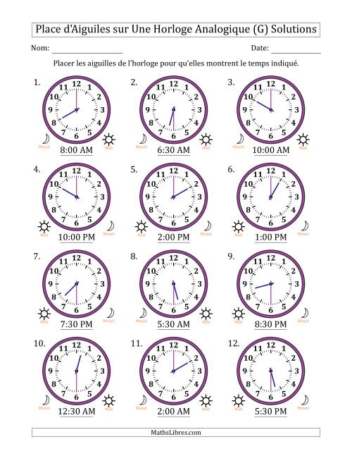 Place d'Aiguiles sur Une Horloge Analogique utilisant le système horaire sur 12 heures avec 30 Minutes d'Intervalle (12 Horloges) (G) page 2