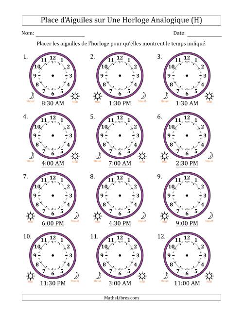 Place d'Aiguiles sur Une Horloge Analogique utilisant le système horaire sur 12 heures avec 30 Minutes d'Intervalle (12 Horloges) (H)