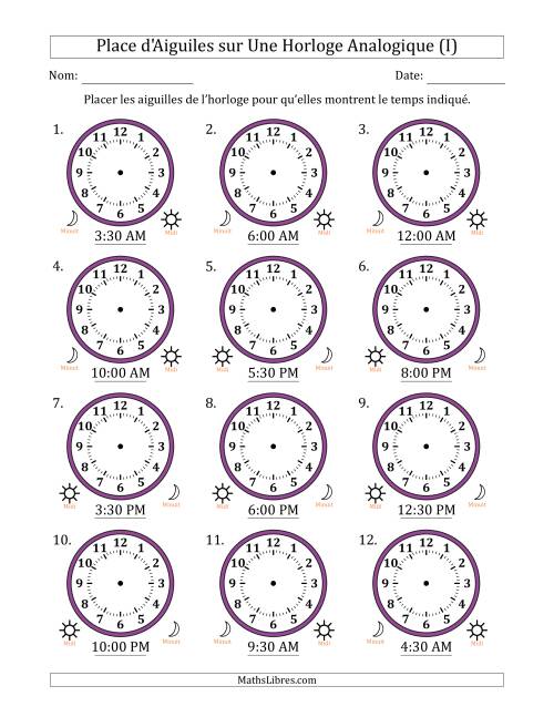 Place d'Aiguiles sur Une Horloge Analogique utilisant le système horaire sur 12 heures avec 30 Minutes d'Intervalle (12 Horloges) (I)