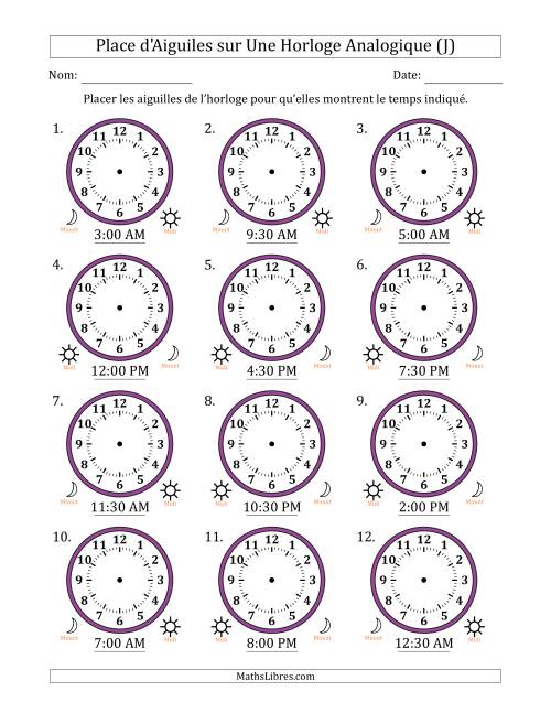 Place d'Aiguiles sur Une Horloge Analogique utilisant le système horaire sur 12 heures avec 30 Minutes d'Intervalle (12 Horloges) (J)