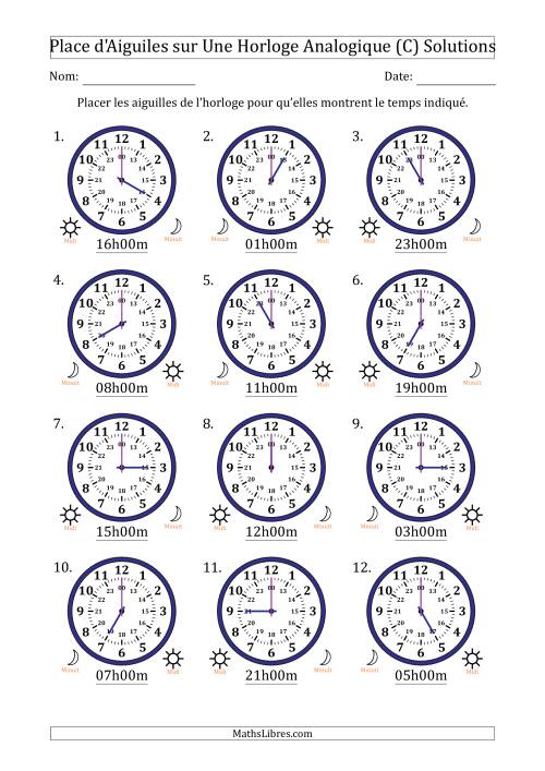 Place d'Aiguiles sur Une Horloge Analogique utilisant le système horaire sur 24 heures avec 1 Heures d'Intervalle (12 Horloges) (C) page 2