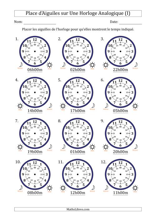 Place d'Aiguiles sur Une Horloge Analogique utilisant le système horaire sur 24 heures avec 1 Heures d'Intervalle (12 Horloges) (I)