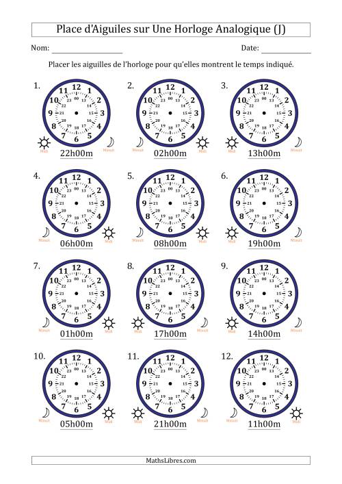 Place d'Aiguiles sur Une Horloge Analogique utilisant le système horaire sur 24 heures avec 1 Heures d'Intervalle (12 Horloges) (J)