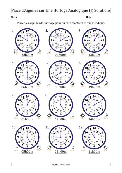 Place d'Aiguiles sur Une Horloge Analogique utilisant le système horaire sur 24 heures avec 1 Heures d'Intervalle (12 Horloges) (J) page 2