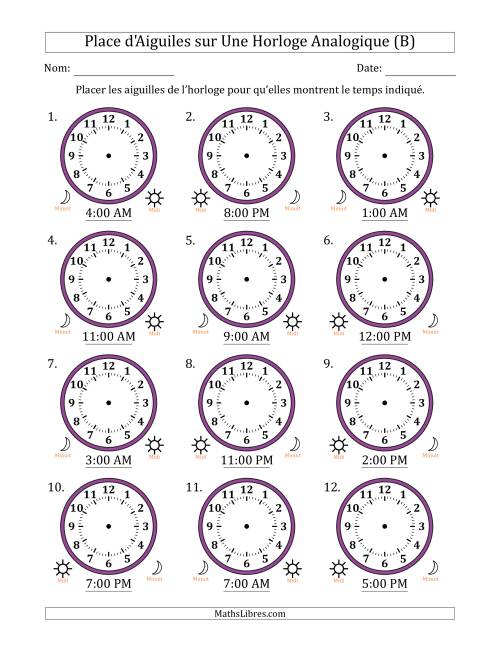 Place d'Aiguiles sur Une Horloge Analogique utilisant le système horaire sur 12 heures avec 1 Heures d'Intervalle (12 Horloges) (B)
