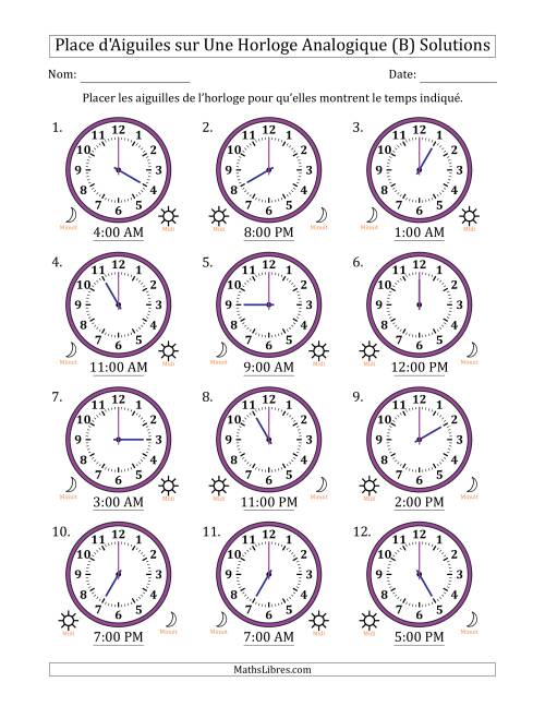 Place d'Aiguiles sur Une Horloge Analogique utilisant le système horaire sur 12 heures avec 1 Heures d'Intervalle (12 Horloges) (B) page 2