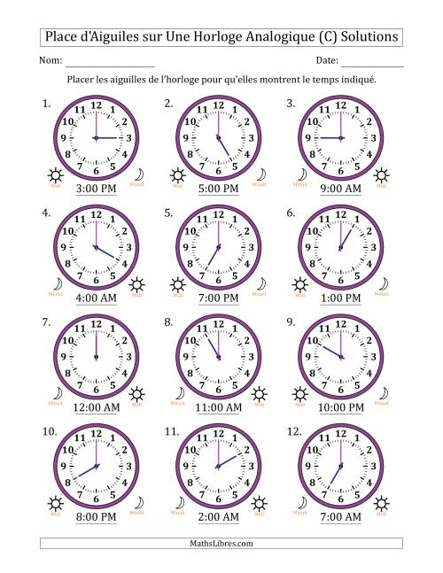 Place d'Aiguiles sur Une Horloge Analogique utilisant le système horaire sur 12 heures avec 1 Heures d'Intervalle (12 Horloges) (C) page 2