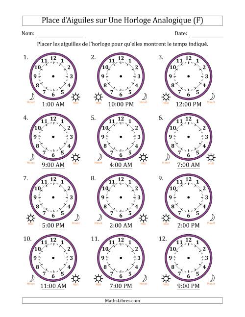 Place d'Aiguiles sur Une Horloge Analogique utilisant le système horaire sur 12 heures avec 1 Heures d'Intervalle (12 Horloges) (F)
