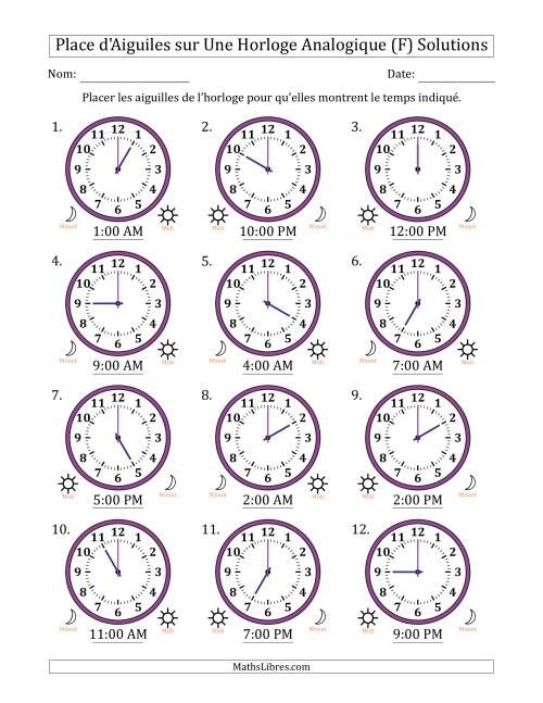 Place d'Aiguiles sur Une Horloge Analogique utilisant le système horaire sur 12 heures avec 1 Heures d'Intervalle (12 Horloges) (F) page 2