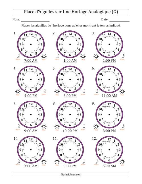 Place d'Aiguiles sur Une Horloge Analogique utilisant le système horaire sur 12 heures avec 1 Heures d'Intervalle (12 Horloges) (G)
