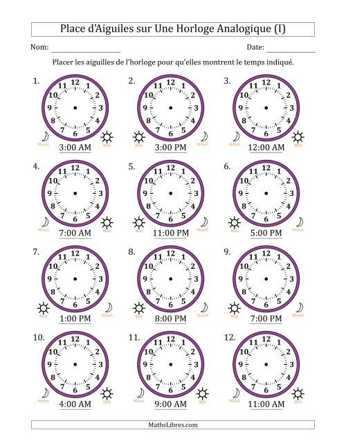Place d'Aiguiles sur Une Horloge Analogique utilisant le système horaire sur 12 heures avec 1 Heures d'Intervalle (12 Horloges) (I)