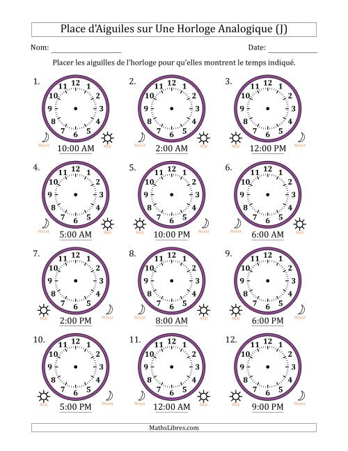 Place d'Aiguiles sur Une Horloge Analogique utilisant le système horaire sur 12 heures avec 1 Heures d'Intervalle (12 Horloges) (J)