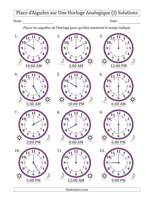Place d'Aiguiles sur Une Horloge Analogique utilisant le système horaire sur 12 heures avec 1 Heures d'Intervalle (12 Horloges) (J) page 2