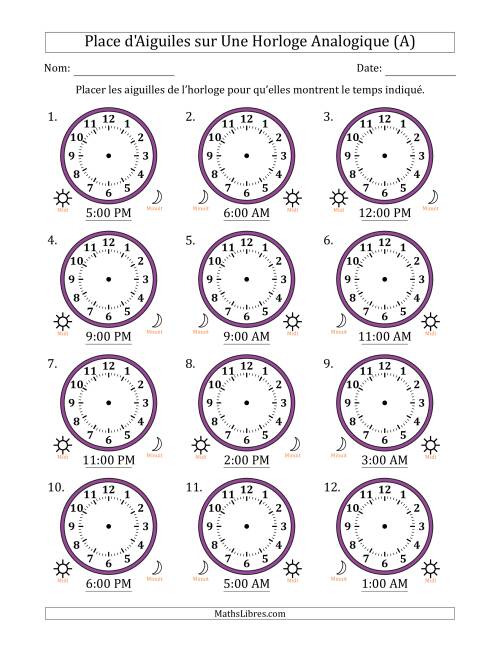 Place d'Aiguiles sur Une Horloge Analogique utilisant le système horaire sur 12 heures avec 1 Heures d'Intervalle (12 Horloges) (Tout)