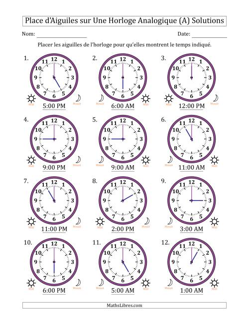 Place d'Aiguiles sur Une Horloge Analogique utilisant le système horaire sur 12 heures avec 1 Heures d'Intervalle (12 Horloges) (Tout) page 2