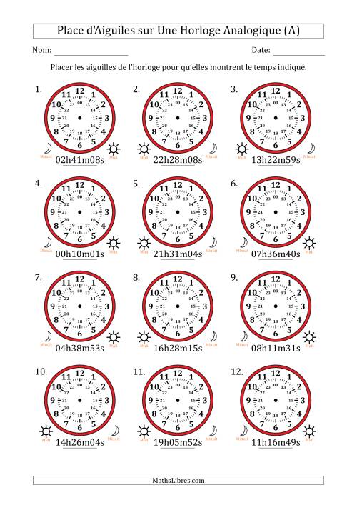 Place d'Aiguiles sur Une Horloge Analogique utilisant le système horaire sur 24 heures avec 1 Secondes d'Intervalle (12 Horloges) (A)