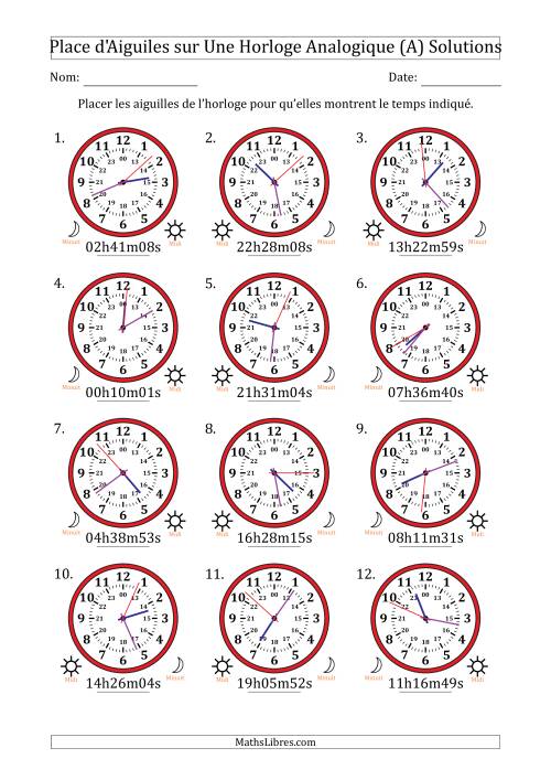Place d'Aiguiles sur Une Horloge Analogique utilisant le système horaire sur 24 heures avec 1 Secondes d'Intervalle (12 Horloges) (A) page 2