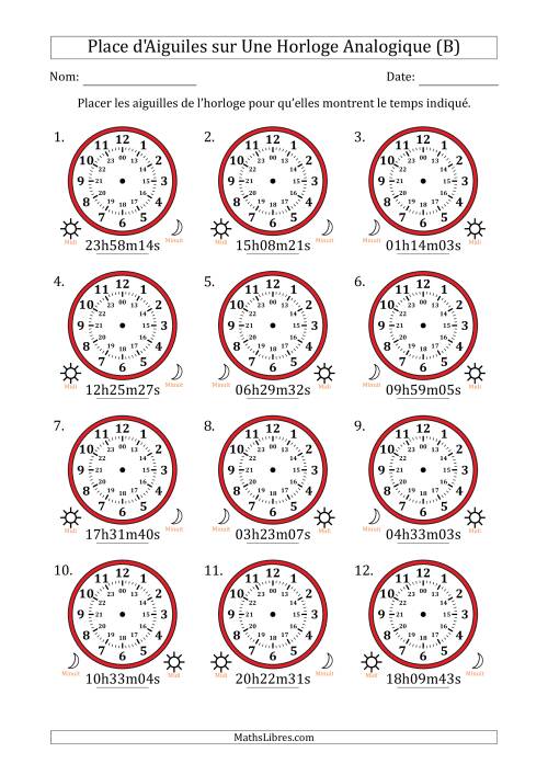 Place d'Aiguiles sur Une Horloge Analogique utilisant le système horaire sur 24 heures avec 1 Secondes d'Intervalle (12 Horloges) (B)