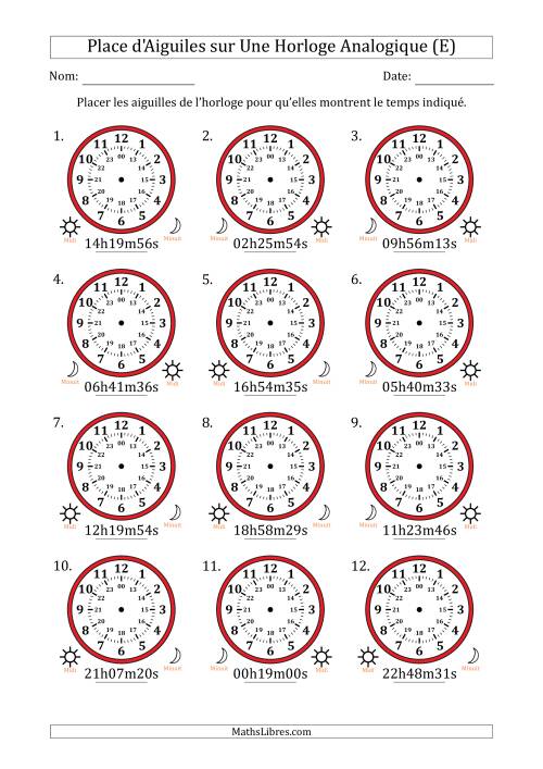 Place d'Aiguiles sur Une Horloge Analogique utilisant le système horaire sur 24 heures avec 1 Secondes d'Intervalle (12 Horloges) (E)