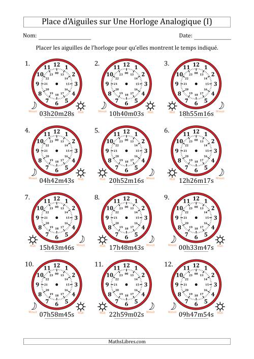 Place d'Aiguiles sur Une Horloge Analogique utilisant le système horaire sur 24 heures avec 1 Secondes d'Intervalle (12 Horloges) (I)