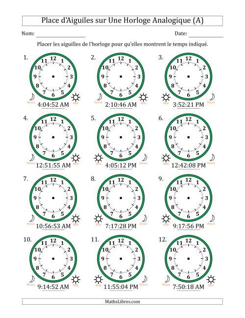 Place d'Aiguiles sur Une Horloge Analogique utilisant le système horaire sur 12 heures avec 1 Secondes d'Intervalle (12 Horloges) (A)