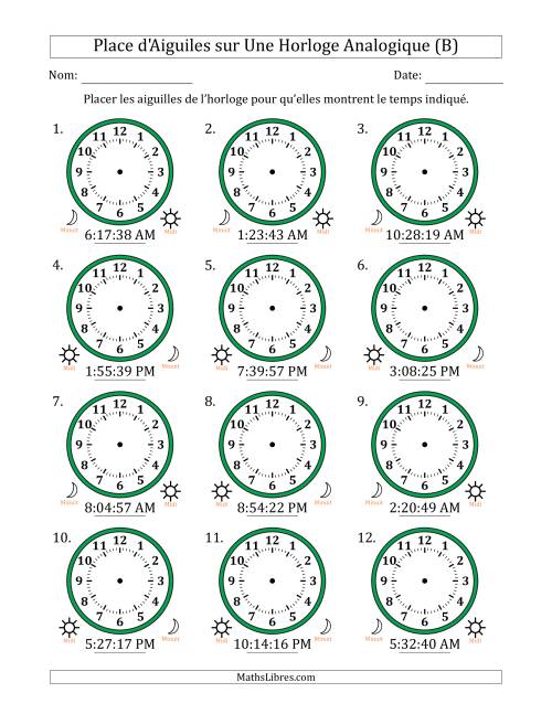 Place d'Aiguiles sur Une Horloge Analogique utilisant le système horaire sur 12 heures avec 1 Secondes d'Intervalle (12 Horloges) (B)