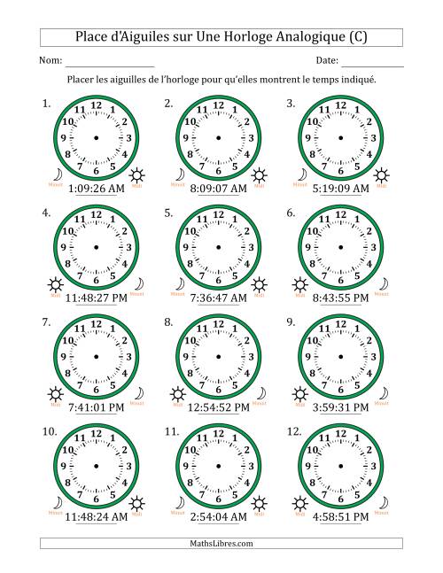 Place d'Aiguiles sur Une Horloge Analogique utilisant le système horaire sur 12 heures avec 1 Secondes d'Intervalle (12 Horloges) (C)