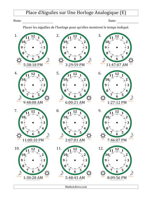 Place d'Aiguiles sur Une Horloge Analogique utilisant le système horaire sur 12 heures avec 1 Secondes d'Intervalle (12 Horloges) (E)