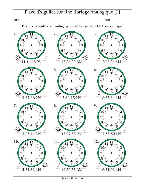 Place d'Aiguiles sur Une Horloge Analogique utilisant le système horaire sur 12 heures avec 1 Secondes d'Intervalle (12 Horloges) (F)