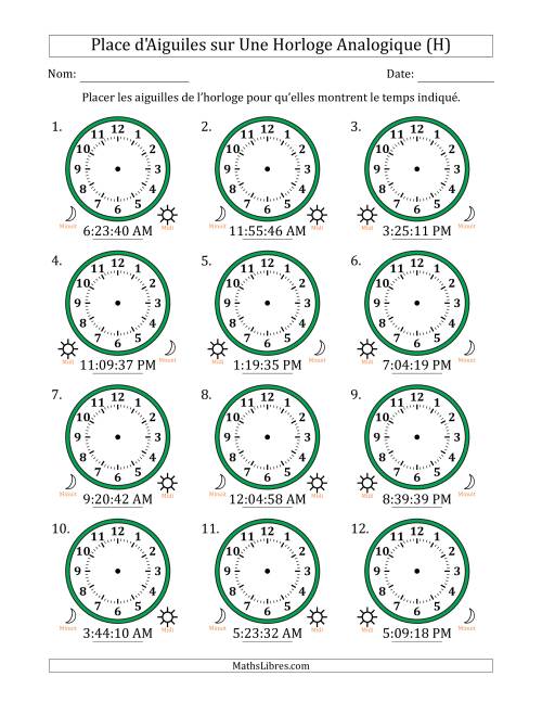 Place d'Aiguiles sur Une Horloge Analogique utilisant le système horaire sur 12 heures avec 1 Secondes d'Intervalle (12 Horloges) (H)