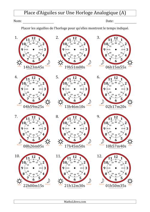 Place d'Aiguiles sur Une Horloge Analogique utilisant le système horaire sur 24 heures avec 5 Secondes d'Intervalle (12 Horloges) (A)