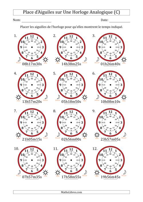 Place d'Aiguiles sur Une Horloge Analogique utilisant le système horaire sur 24 heures avec 5 Secondes d'Intervalle (12 Horloges) (C)