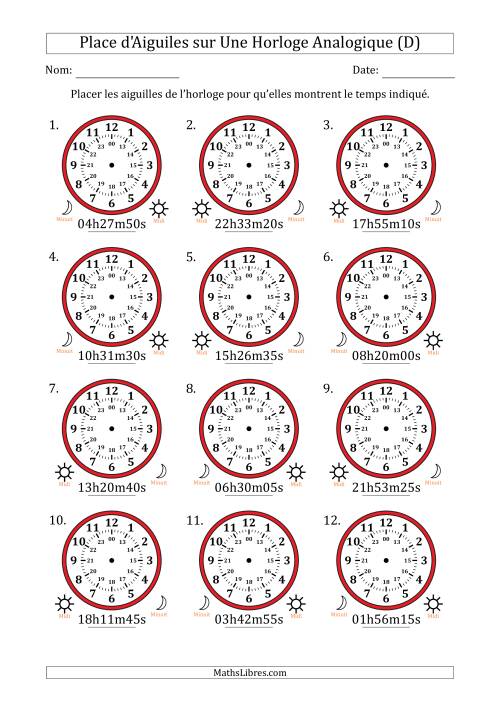 Place d'Aiguiles sur Une Horloge Analogique utilisant le système horaire sur 24 heures avec 5 Secondes d'Intervalle (12 Horloges) (D)