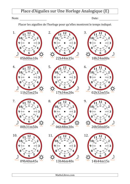 Place d'Aiguiles sur Une Horloge Analogique utilisant le système horaire sur 24 heures avec 5 Secondes d'Intervalle (12 Horloges) (E)