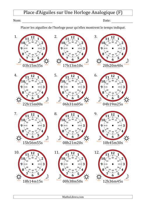 Place d'Aiguiles sur Une Horloge Analogique utilisant le système horaire sur 24 heures avec 5 Secondes d'Intervalle (12 Horloges) (F)