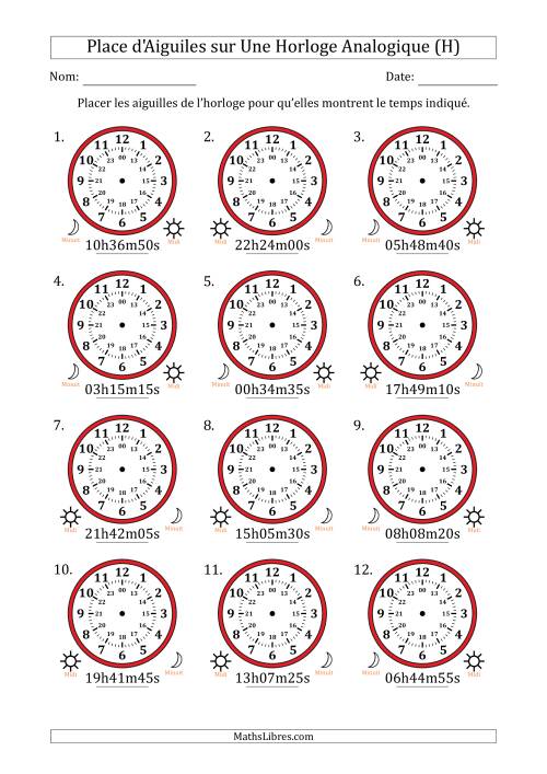 Place d'Aiguiles sur Une Horloge Analogique utilisant le système horaire sur 24 heures avec 5 Secondes d'Intervalle (12 Horloges) (H)