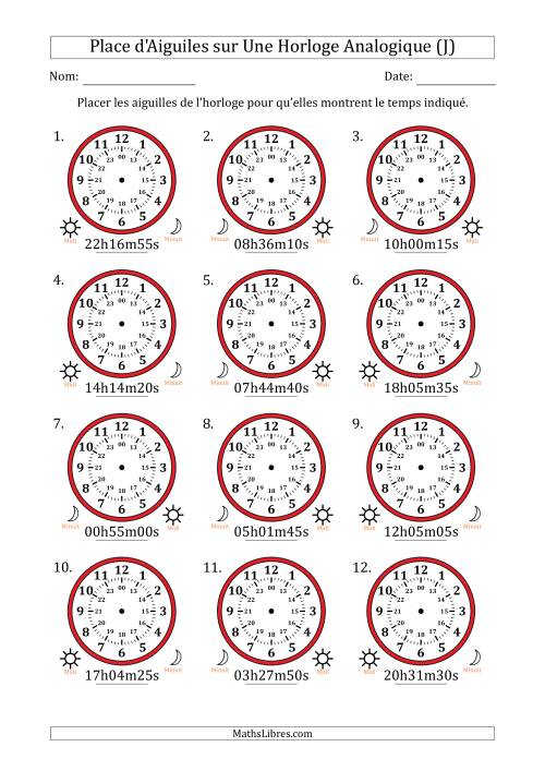 Place d'Aiguiles sur Une Horloge Analogique utilisant le système horaire sur 24 heures avec 5 Secondes d'Intervalle (12 Horloges) (J)