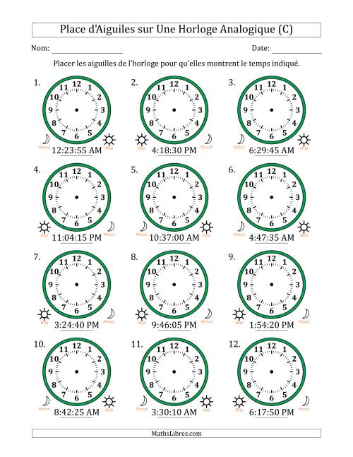Place d'Aiguiles sur Une Horloge Analogique utilisant le système horaire sur 12 heures avec 5 Secondes d'Intervalle (12 Horloges) (C)